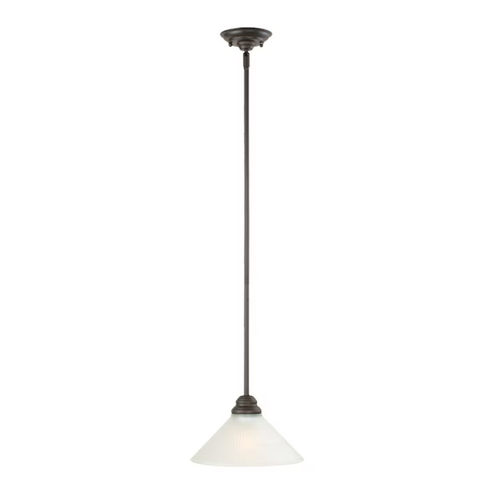 Pendant light with a white glass shade on a white background