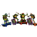 Four toy turtle figures on skateboards with accessories on a white background