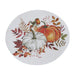 An oval white woven placemat featuring a detailed autumn-themed illustration with two pumpkins, colorful fall leaves, berries, and a small bird, shown on a plain white background.
