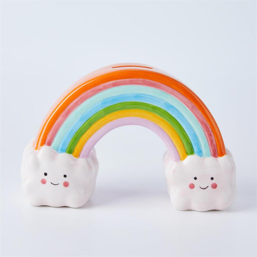 Rainbow-shaped pillow with cloud ends on a light gray background
