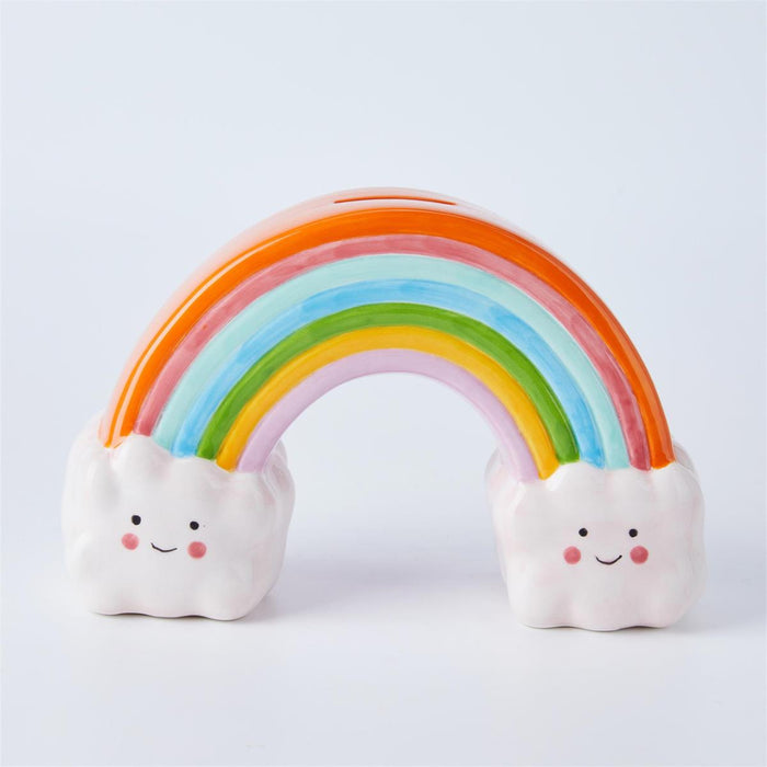 Rainbow-shaped pillow with cloud ends on a light gray background