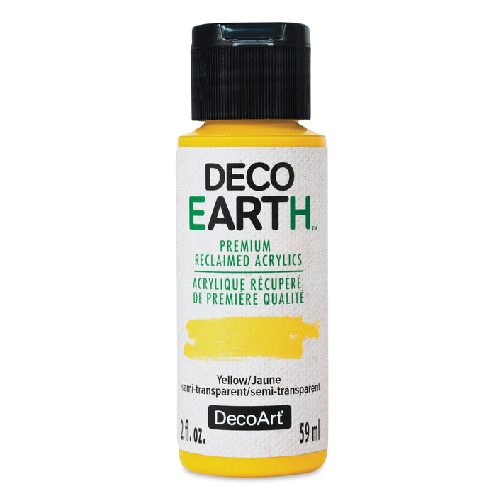 Bottle of Deco Earth acrylic paint in yellow color on a white background