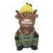 Statue of a cow wearing green overalls and a yellow hat on a white background