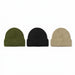 Three ribbed knit beanie hats in olive green, black, and beige, arranged side by side on a plain white background.