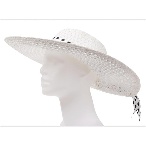 White straw hat with black polka dots on a mannequin head against a white background