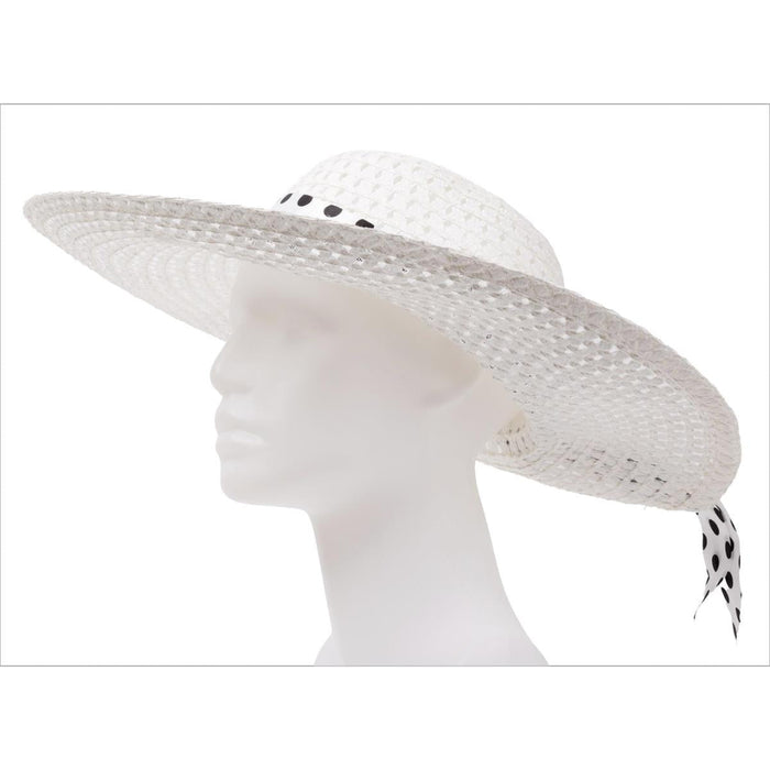 White straw hat with black polka dots on a mannequin head against a white background