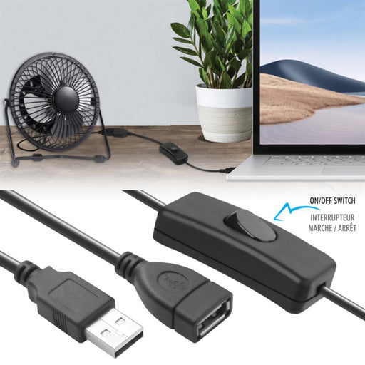USB extension cable with on/off switch on a desk with a laptop and fan.