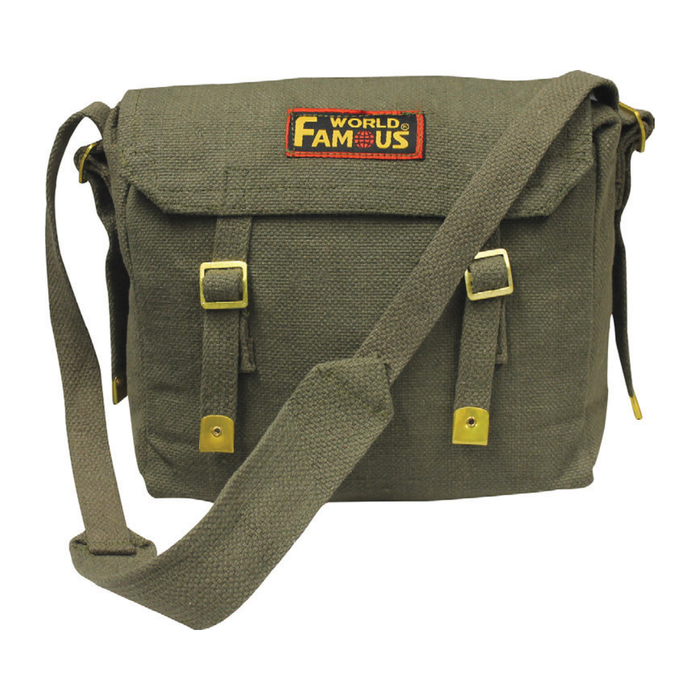 Green canvas bag with a strap and World Famous logo on a white background