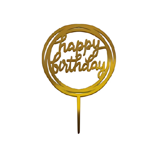 Gold acrylic "Happy Birthday" cake topper with script lettering inside a circular frame and a single stake for easy cake placement.