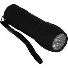 Black flashlight with LED lights on a white background