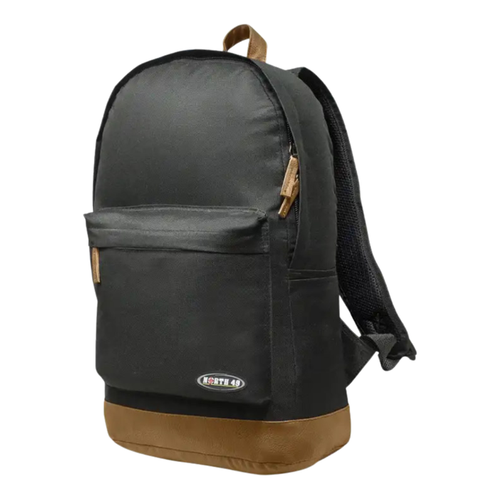 Black backpack with brown accents on a white background