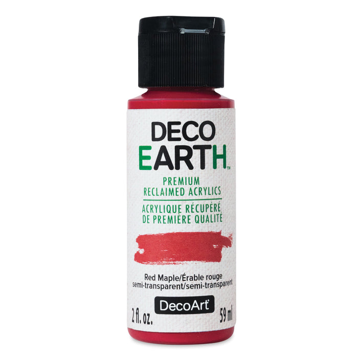 Bottle of DecoArt acrylic paint with red maple color on a white background