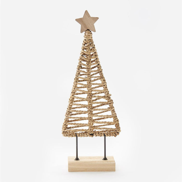 A decorative rope-wrapped Christmas tree with a wooden star on top and a light wood base, displayed against a plain light gray background.