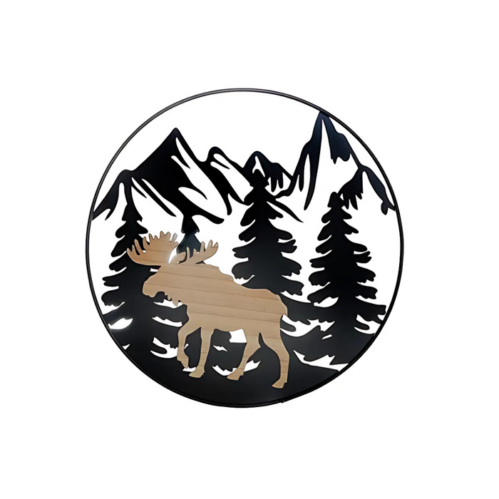 Round black metal wall art with a wooden moose silhouette in front of pine trees and mountain cutouts, 14.8 × 0.2 × 14.8 inches.