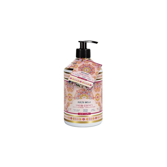Hand soap bottle with decorative label on a white background