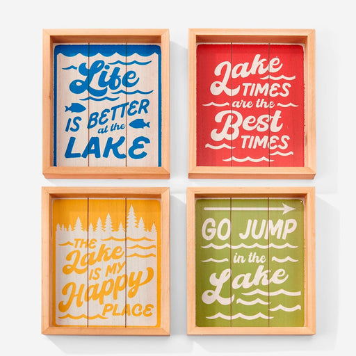 Four wooden panels with lake-themed sayings on a white background