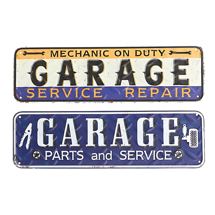 Two assorted vintage-style embossed galvanized garage wall signs – one reading “Garage Service Repair” and the other “Garage Parts and Service.”