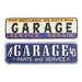 Two assorted vintage-style embossed galvanized garage wall signs – one reading “Garage Service Repair” and the other “Garage Parts and Service.”