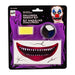 Halloween makeup kit in blister packaging, featuring a red and black fake tooth grin mask, a yellow sponge, and a round makeup palette with blue, white, and black colors. The packaging is black and purple with text reading 'Halloween Makeup Kit' and a picture of an evil clown face.
