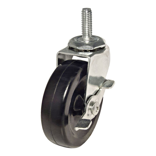 Caster wheel with a black rubber tire and metal axle on a white background