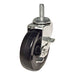 Caster wheel with a black rubber tire and metal axle on a white background