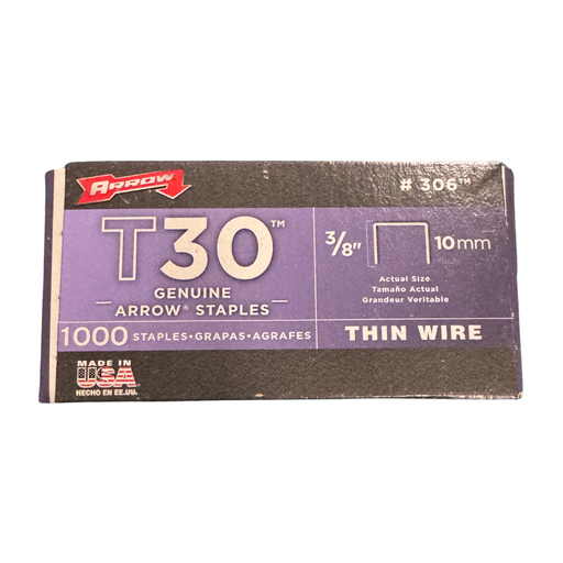 Box of Arrow T30 staples with purple and black design