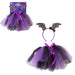 A children's Halloween costume set featuring a purple and black tutu dress with a purple ribbon bow, a matching headband with black bat ears, and the retail packaging card shown in the upper left on a white background.