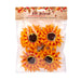 Pack of 4 artificial orange sunflowers with dark brown centers in a clear plastic bag with a brown 'Fall Harvest' header card.