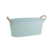 Light blue metal tub with rope handles on a white background