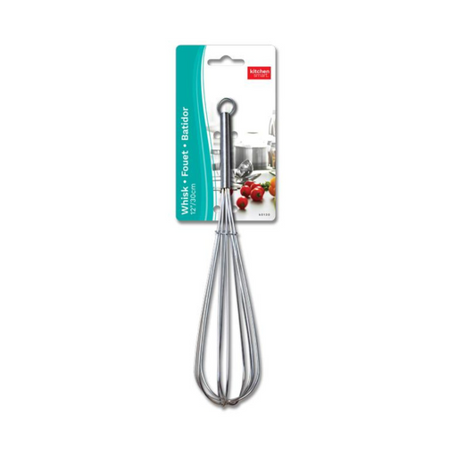 Metal whisk on a white background with a brand label.