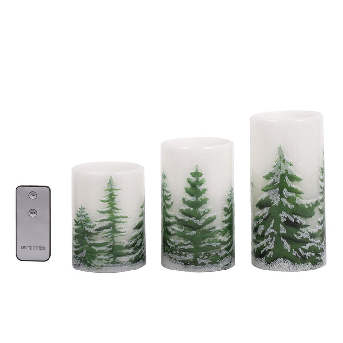 DECO L. SET/3 LED XMAS TREE DES. WAX CANDLES, 3X4"/5"/6",