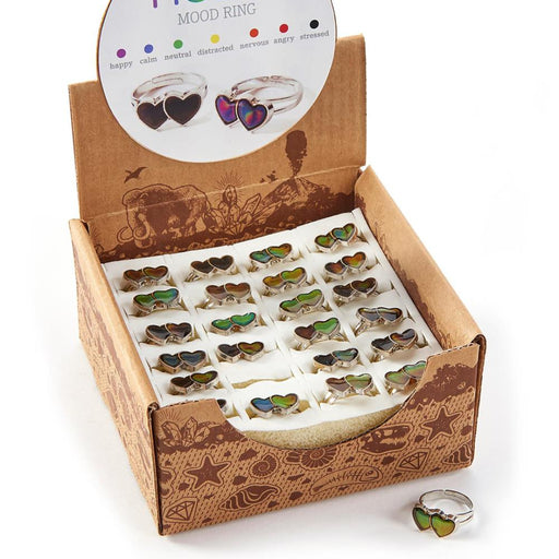 Box of heart-shaped mood rings with a circular display card on top.