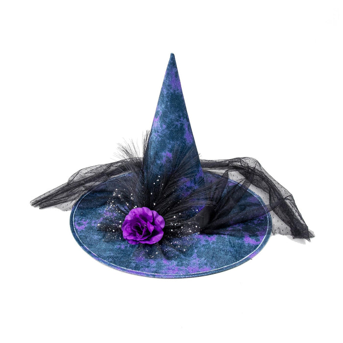 A witch hat costume accessory featuring a pointed blue and purple glittery cone, a wide matching brim, black tulle mesh, black feathers, and a purple fabric rose on a white background.