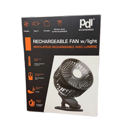 Packaging of a rechargeable fan with light by pdl accessories on a white background