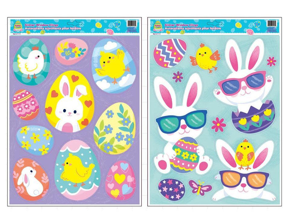 EASTER 16" X 12" GLITTER WINDOW CLING ASSORTED