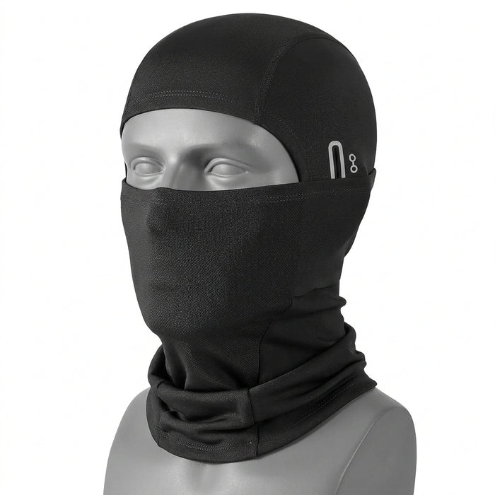A black full-face balaclava mask with a neck gaiter, featuring a small white stylized logo on the side, displayed on a neutral light gray background.