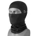 A black full-face balaclava mask with a neck gaiter, featuring a small white stylized logo on the side, displayed on a neutral light gray background.
