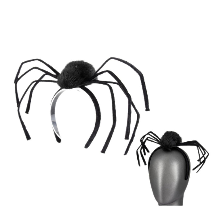 Black spider-themed headband costume accessory with a fuzzy spider body and long thin legs, shown on a plain white background with a smaller inset view mounted on a mannequin head.