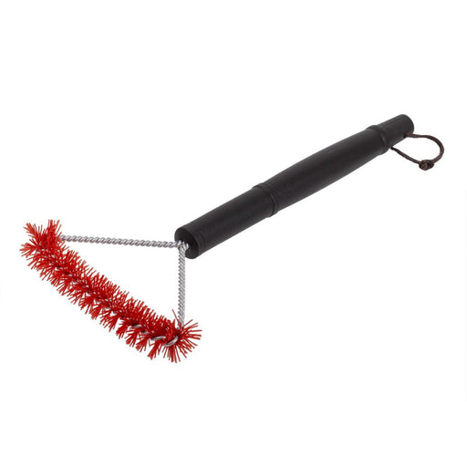 Barbecue cleaning brush with red bristle head and black handle on a white background