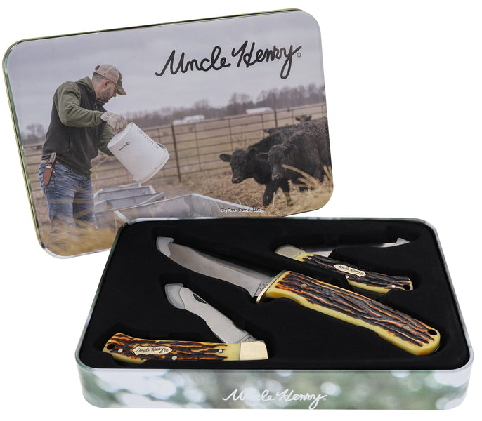 UNCLE HENRY 3PC FIXED/FOLDER KNIFES WITH STAGLON HANDLE