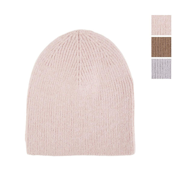 A light pink ribbed knit beanie hat displayed on a clean white background, with three small color swatches in the upper right showing additional available colors.