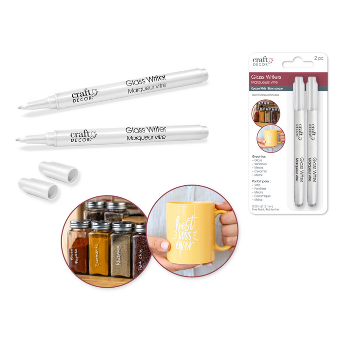 Two white fine-point glass writer pens shown with caps off and on, retail packaging, and examples of labeled spice jars and a yellow mug marked “Best Boss Ever.”