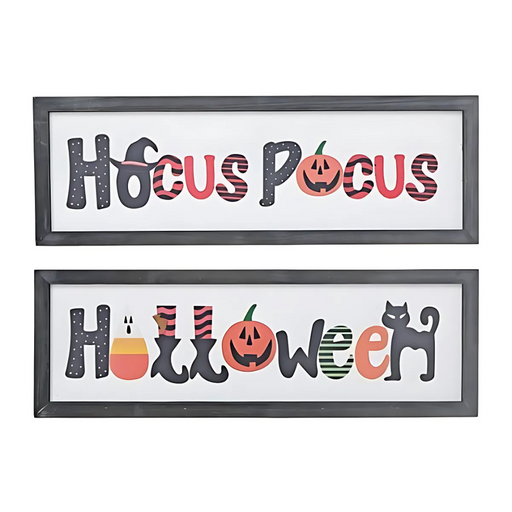 Two assorted rectangular Halloween wall signs reading “Hocus Pocus” and “Halloween,” decorated with pumpkins, candy corn, witch boots, and a black cat, each measuring 7.87 × 0.79 × 23.62 inches.