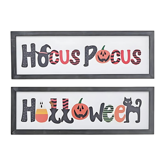 Two assorted rectangular Halloween wall signs reading “Hocus Pocus” and “Halloween,” decorated with pumpkins, candy corn, witch boots, and a black cat, each measuring 7.87 × 0.79 × 23.62 inches.