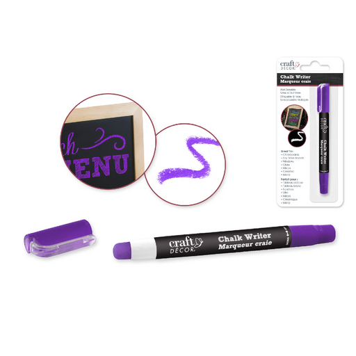 Purple Craft Decor chalk writer shown open and packaged, with deep purple sample design on a chalkboard.