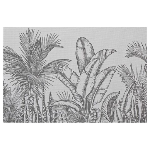 Woven PVC placemat with tropical plant design in black and white – 12" x 18".