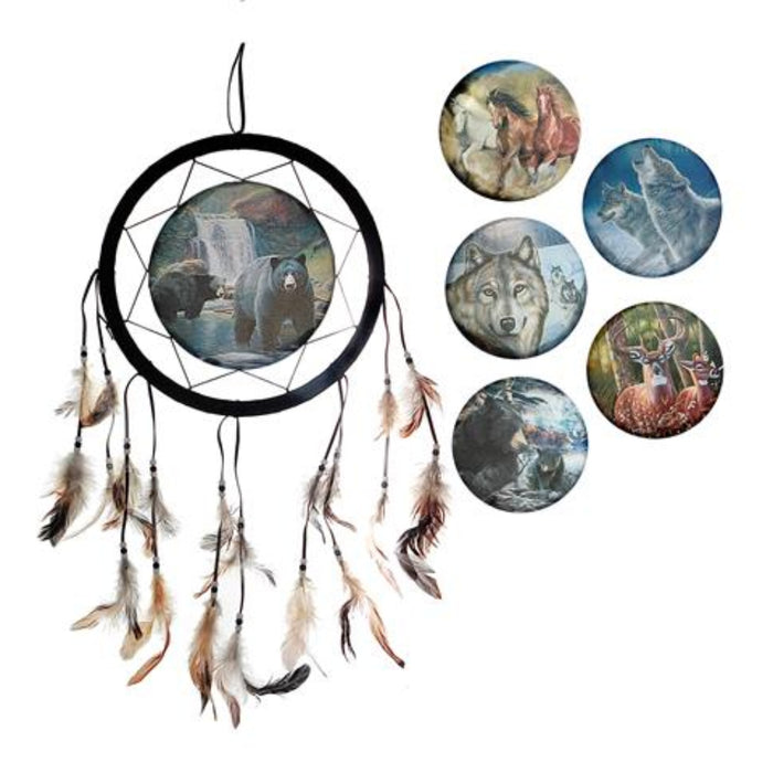 A dreamcatcher wall hanging with a black hoop, woven webbing, and multiple hanging feathers, shown alongside six circular printed art pieces featuring animal and nature scenes on a white background.
