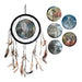 A dreamcatcher wall hanging with a black hoop, woven webbing, and multiple hanging feathers, shown alongside six circular printed art pieces featuring animal and nature scenes on a white background.