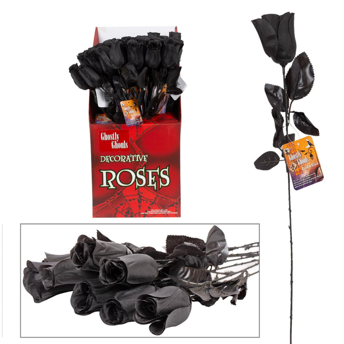 Black artificial decorative roses shown in a red retail display box, with a single stem and a close-up cluster inset on a white background. The packaging and hangtag read 'Ghostly Ghosts Decorative Roses'.