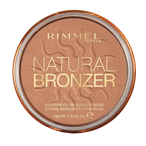 Rimmel London Natural Bronzer waterproof bronzing powder in a round metallic compact, shown against a plain white background.